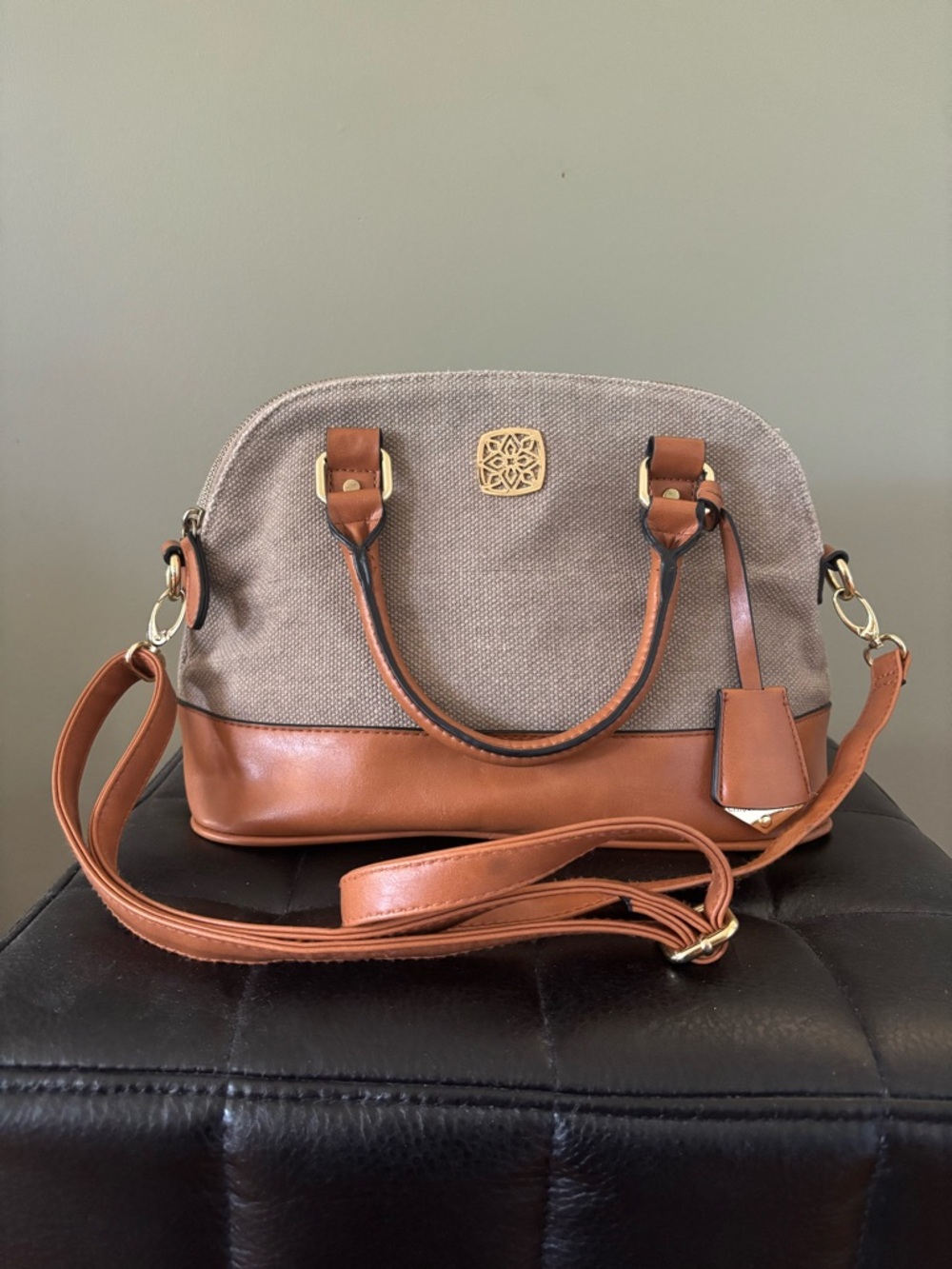 NWT Christian Siriano Brown Canvas & Tan Satchel Shoulder Bag